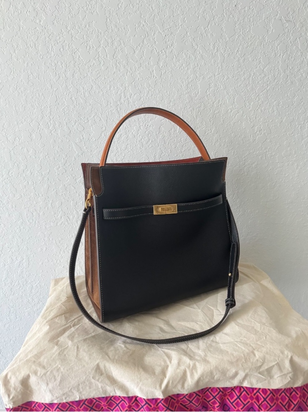 Tory Burch Black Leather Shoulder Bag with Brown Trim
